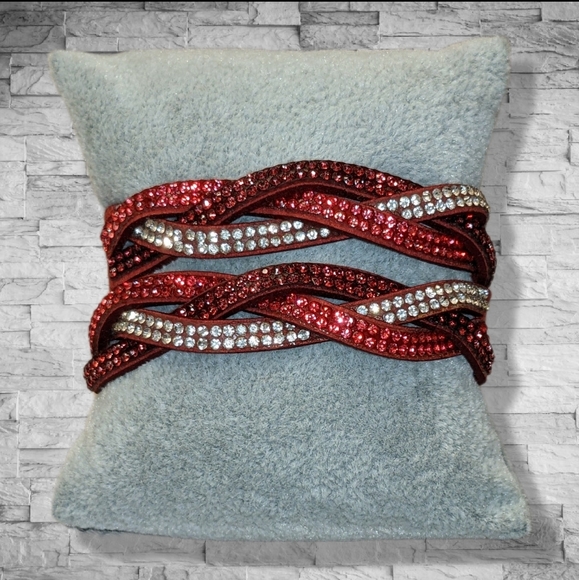 Jewelry - Red Rhinestone Crystal Braided Wrap Bracelet Sz Small Women's Suede